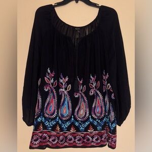 Alyx Black Boho Peasant Blouse Embroidered Paisley Tunic Long Sleeve XL